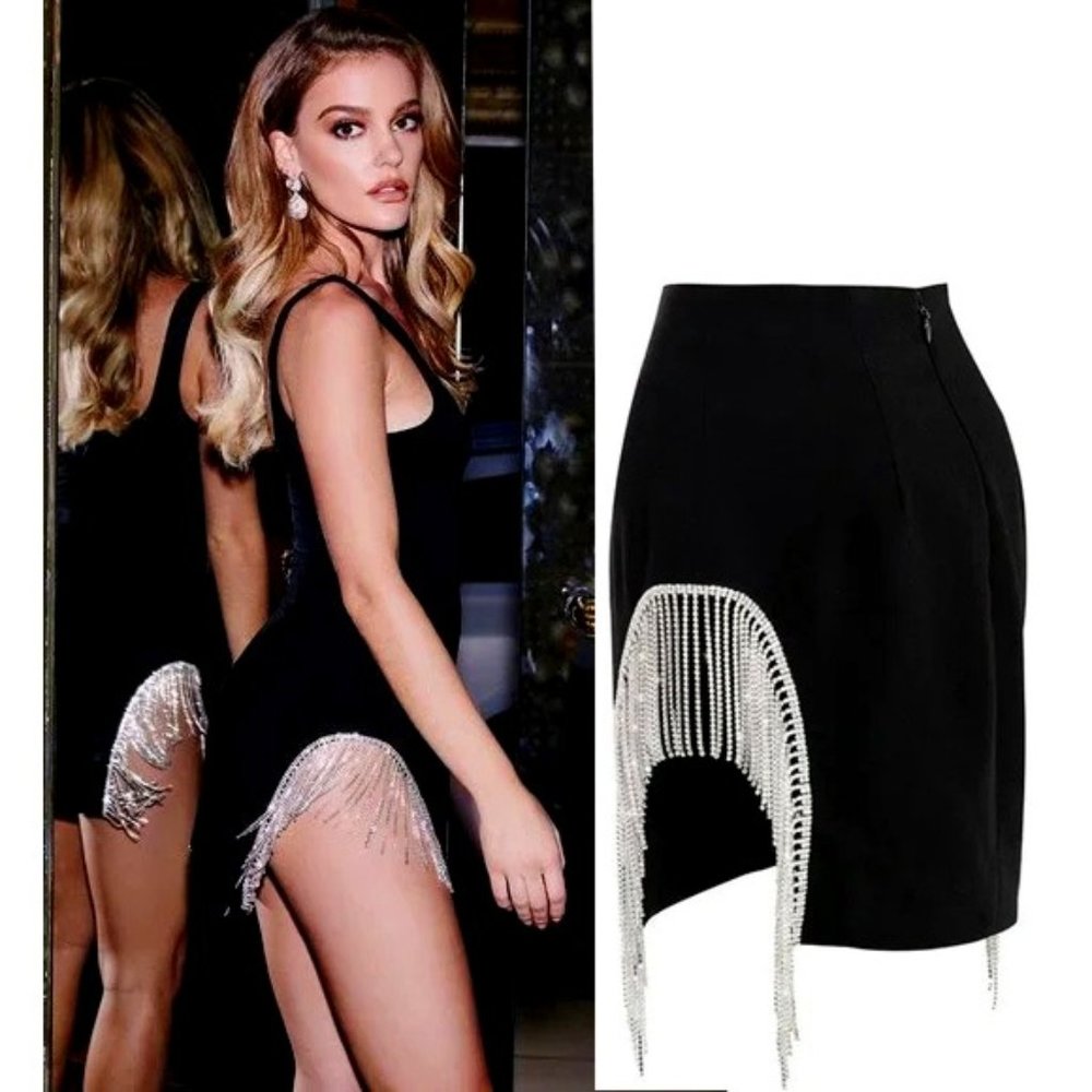 💥SEXY GLAM💥1920s Flapper Style Oriana Black Crystal Chain Mini Skirt in …